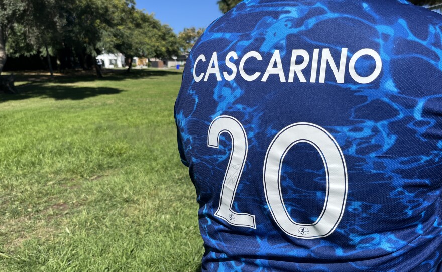 Alex Godinez shows the back of his signed Delphine Cascarino jersey, Oct. 22, 2025.