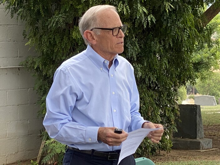 Pete Smith, a Ramona resident and member of the San Diego County Audit Committee, visits the Nuevo Memory Gardens, a 10-acre cemetery that opened in 1893. August 2023.