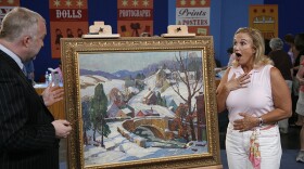 Alasdair Nichol (left) appraises a Fern Isabel Coppedge oil painting, ca. 1925, in Orlando, Fla. ANTIQUES ROADSHOW “Vintage Orlando, Hour 2” premieres Monday, Feb. 15, 2021 at 8/7C PM on PBS. 
