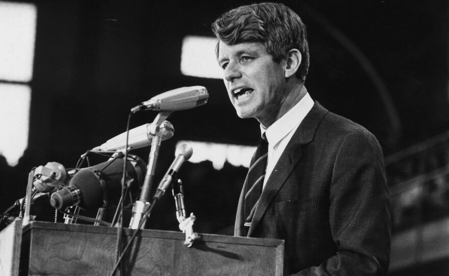 Sen. Robert Kennedy speaks at an election rally in 1968.