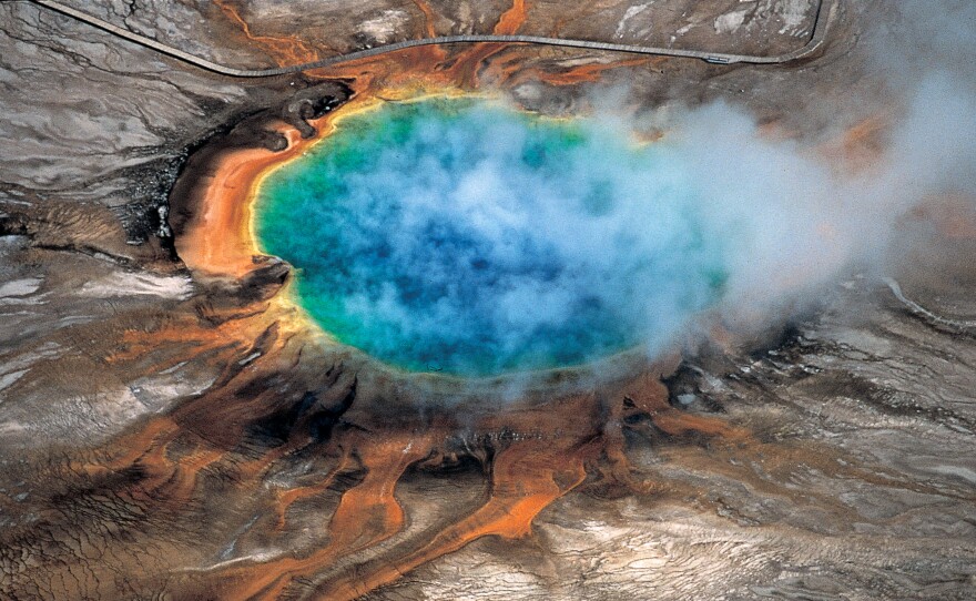 The Grand Prismatic hot spring in Yellowstone National Park's that is among the park's myriad hydrothermal features created by the fact that Yellowstone is a supervolcano.