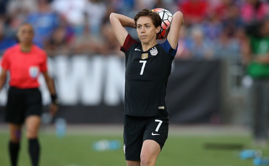 The U.S. women's national team — including Meghan Klingenberg, seen here in a game Thursday — doesn't have an option to strike, a federal judge says.