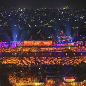 Lamps light up the banks of the river Saryu on the eve of the Hindu festival of Diwali, in Ayodhya, India, Saturday, Nov. 11, 2023.