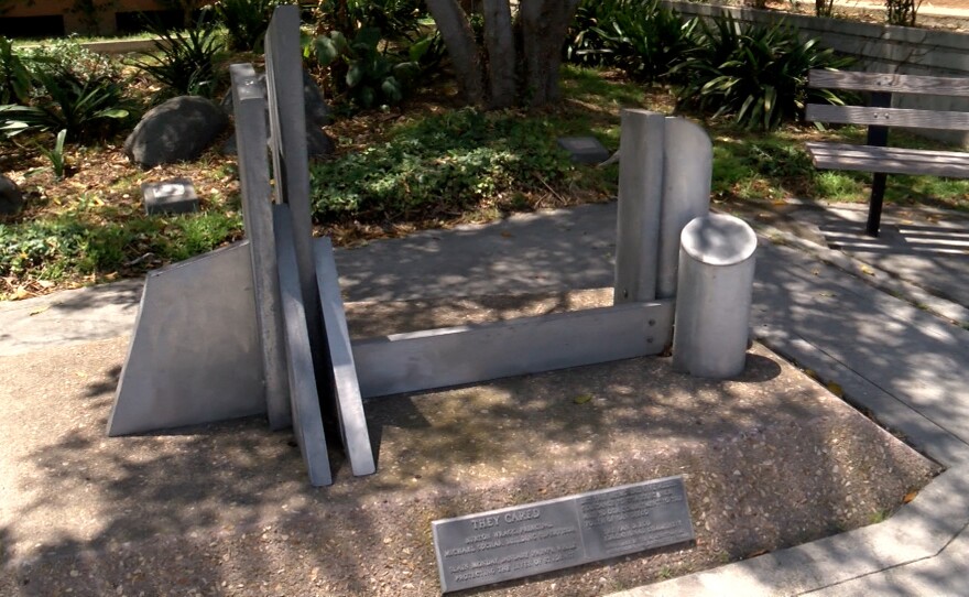 This memorial commemorates lives lost in a San Carlos mass shooting in January 1979. It's located outside the San Diego Unified School District administration office, San Diego, CA, June 3, 2022.
