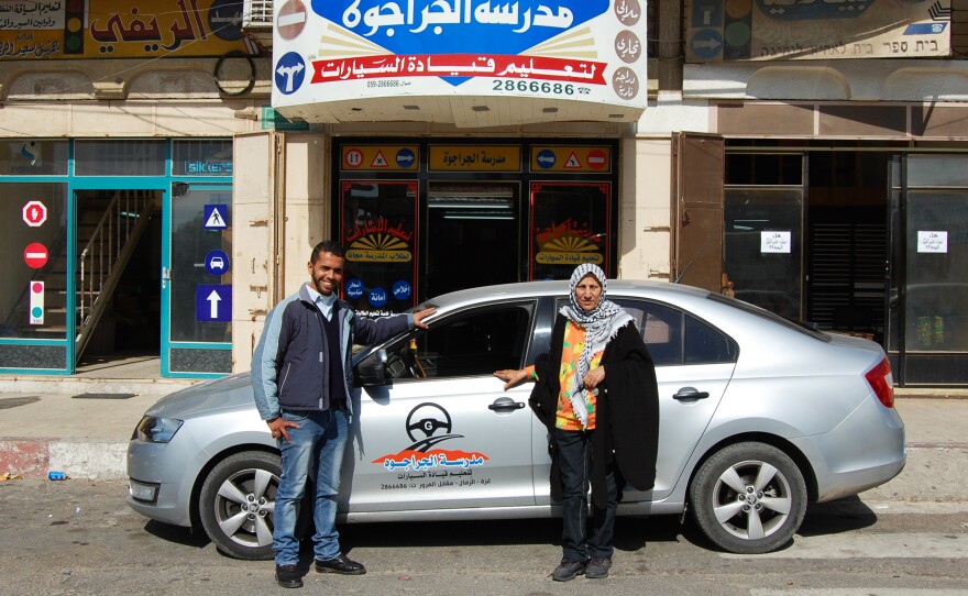 Mohammad al-Hattab (left) and Samira Syam both teach driving at the al-Jarajwa school in Gaza City. Hattab was stopped by Hamas police, and his permit to teach temporarily revoked, for driving alone with a female student. Syam says nobody bothers her if she has a male student alone.