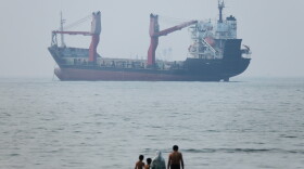 A group of people stands in shallow water as a cargo ship appears anchored in the Strait of Hormuz off Bandar Abbas, Iran, Tuesday, June 30, 2026.