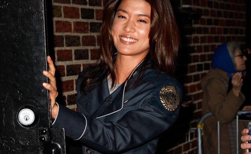 Actress Grace Park wore her Battlestar Galactica uniform in New York City. The costume is drawing comparisons to the new Space Force uniforms.