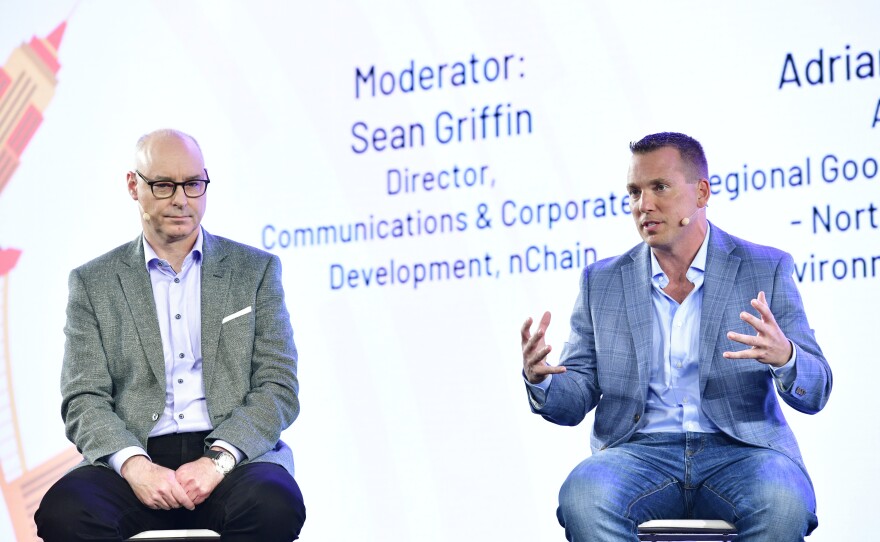 Dave Perrill (right), cofounder and CEO of Compute North, and Lars Jorgensen of TAAL Distributed Information Technologies speak during CoinGeek Conference New York in October.