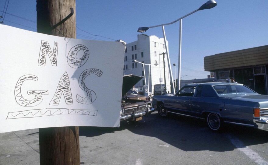 A "No Gas" sign is seen at a gas station in an unknown location during the 1979 gas crisis.