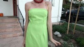 Rachel Rath as Marge Simpson. She bought the wig in an after-Halloween sale for $10, then made the dress and necklace for the following year. 