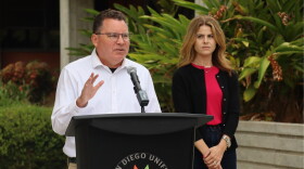 San Diego Unified board president Richard Barrera and vice president Shana Hazan speak outside the Eugene Brucker Education Center on Tuesday, June 23, 2026.