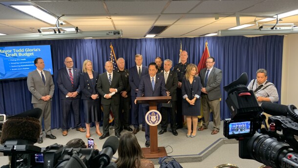 San Diego Mayor Todd Gloria is shown speaking at a news conference at San Diego City Hall on April 15, 2026.