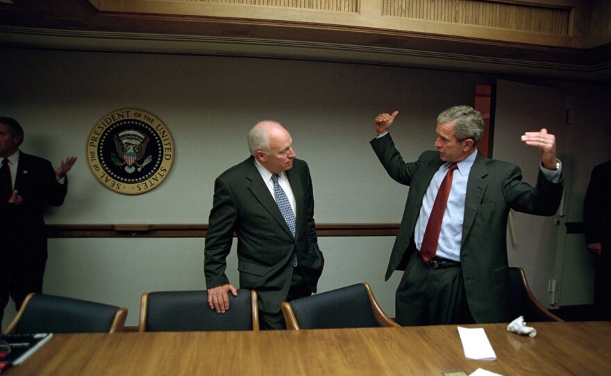 President George W. Bush talks with Vice President Dick Cheney in the Presidential Emergency Operations Center on Sept. 11, 2001.