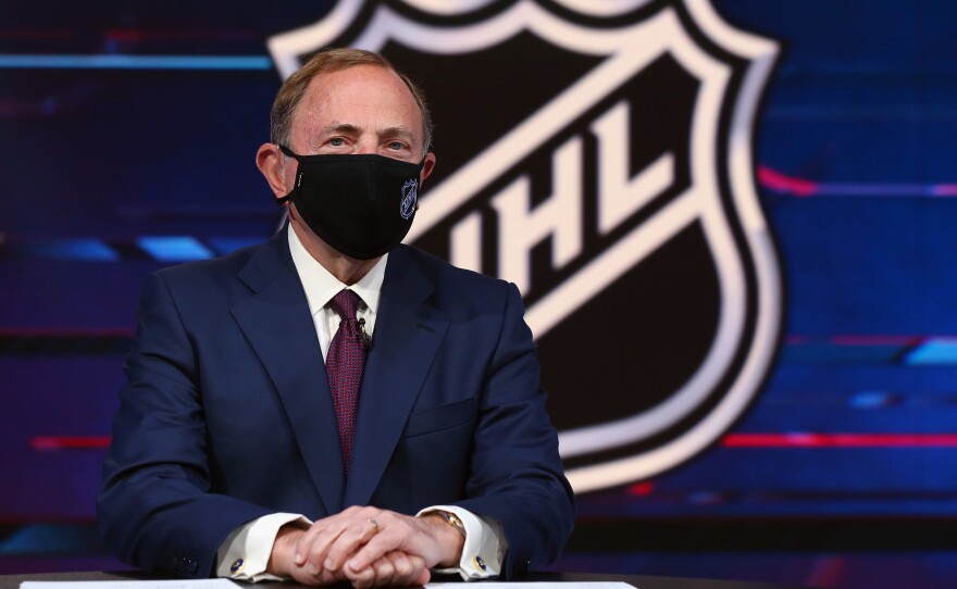 NHL commissioner Gary Bettman prepares for the first round of the 2020 National Hockey League Draft at the NHL Network Studio on October 06, 2020 in Secaucus, New Jersey.