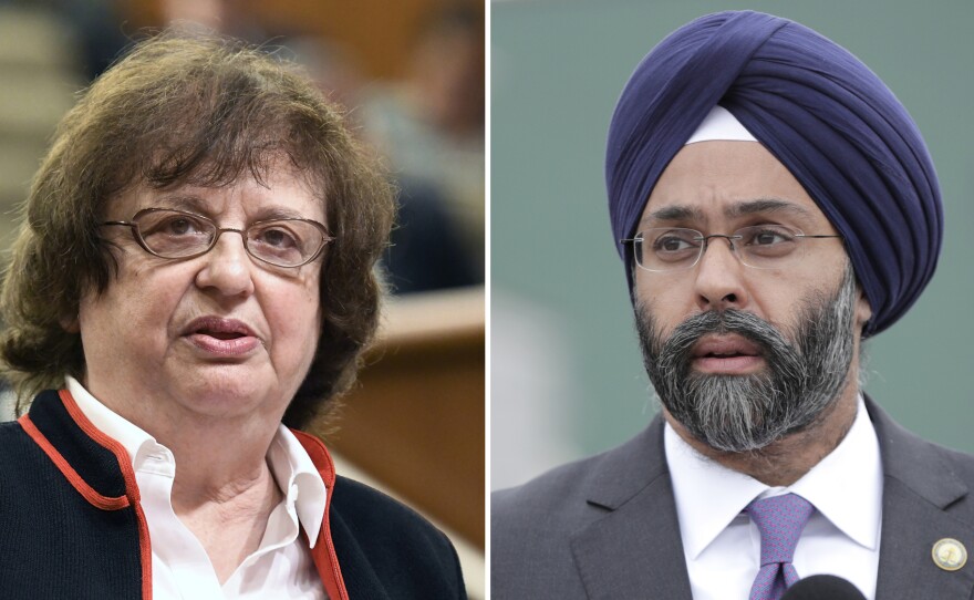 Acting New York state Attorney General Barbara D. Underwood (left) speaks in Albany, N.Y. on May 15. New Jersey Attorney General Gurbir Grewal speaks during a news conference on Aug. 1 in Newark, N.J.