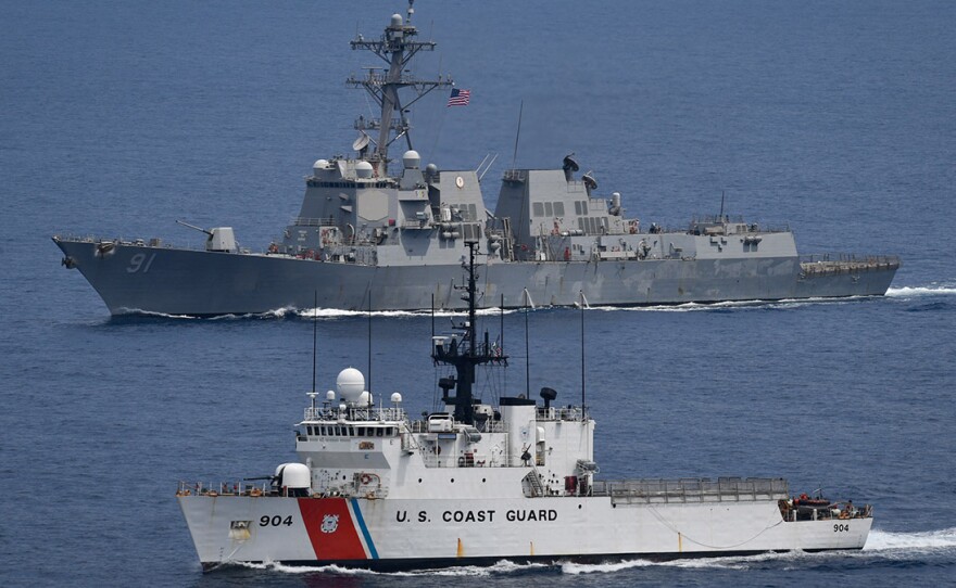 The Navy destroyer USS Pinckney and the U.S. Coast Guard cutter USCGC Northland sailed together in the Eastern Pacific on April 26. The ships are part of an "enhanced" push to stop cocaine smuggling.