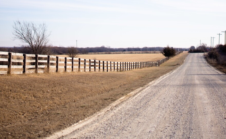The gravel road leading to Debbie and Bill Scroggins' house, outside Wichita, Kan.