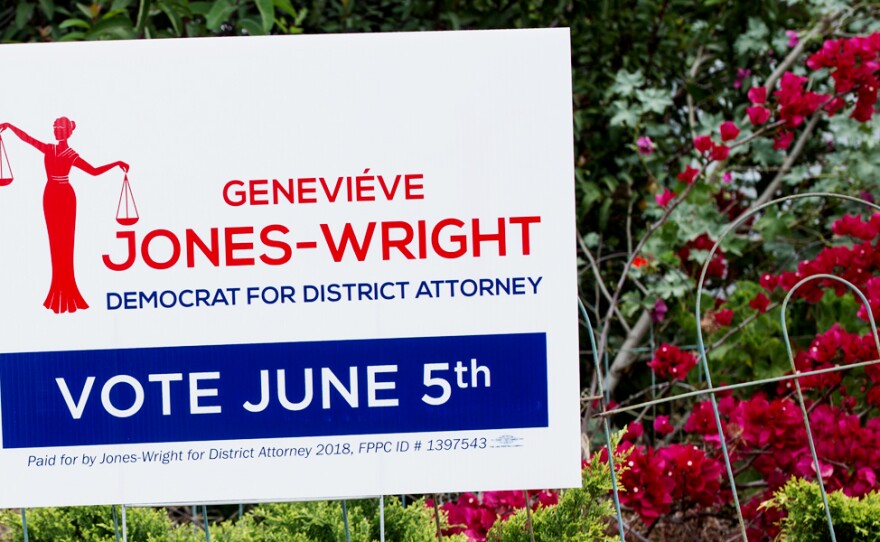 A sign for San Diego County district attorney candidate Geneviéve Jones-Wright in North Park on May 24, 2018.