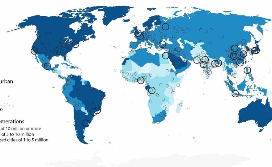 The growth of urbanization and megacities. Note the location of megacities of 10 million or more inhabitants. Many of these are part of "mega-regions" like the Boston to Atlanta axis on the Eastern Coast of the U.S.