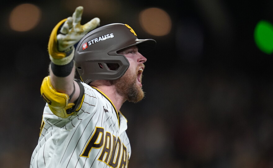 San Diego Padres' Jake Cronenworth celebrates after hitting a solo home run during the fifth inning in Game 3 of baseball's National League Division Series against the Milwaukee Brewers Tuesday, Oct. 6, 2026, in San Diego.