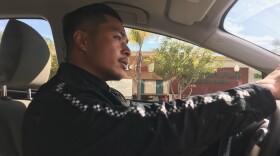 Homeless outreach specialist Jessie Angeles Jr. drives his work vehicle around areas in North Park where people without shelter typically gather, March 7, 2019. 
