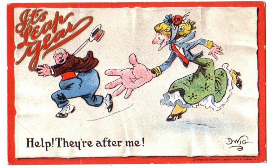 An example of one of many early 20th century postcards by cartoonist Clare Victor Dwiggins — "Dwig" — showing women pursuing men in a leap year.