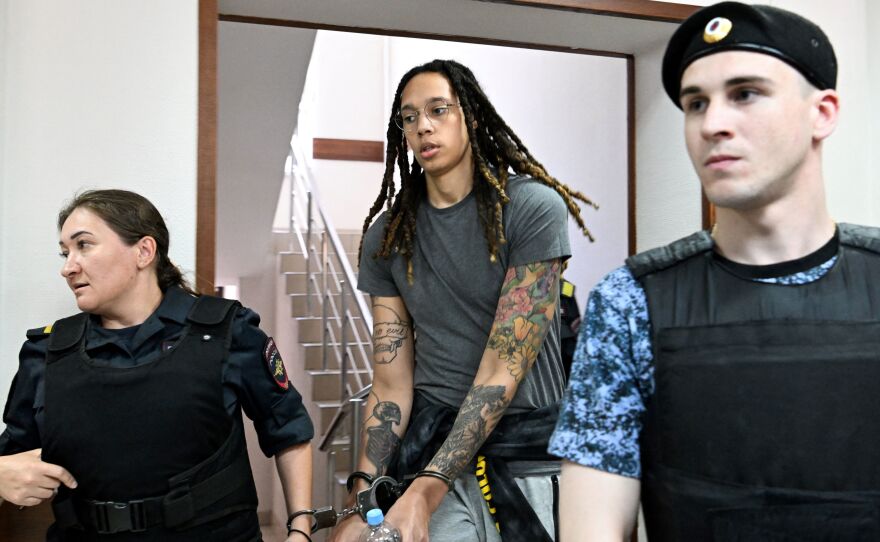 WNBA star and Olympic medalist Brittney Griner arrives at a hearing at the Khimki Court, outside Moscow on June 27.