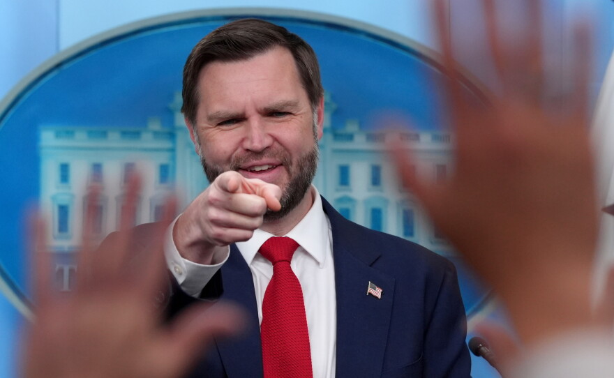 Vice President JD Vance points to a reporter to take a question in the James Brady Press Briefing Room at the White House, Thursday, June 18, 2026, in Washington.