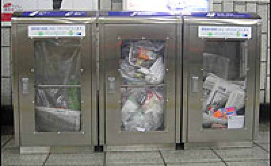 In Japan, it's cool to be environmentally friendly. Many streets are lined with trash bins for recycling.