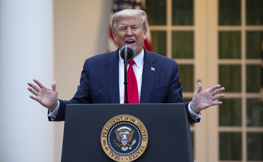 U.S. President Donald Trump addresses reporters at the daily coronavirus news briefing on Tuesday, April 14, 2020.