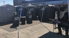 Public restrooms placed in downtown San Diego as part of an ongoing effort to stop the spread of hepatitis A, September 26, 2017. 