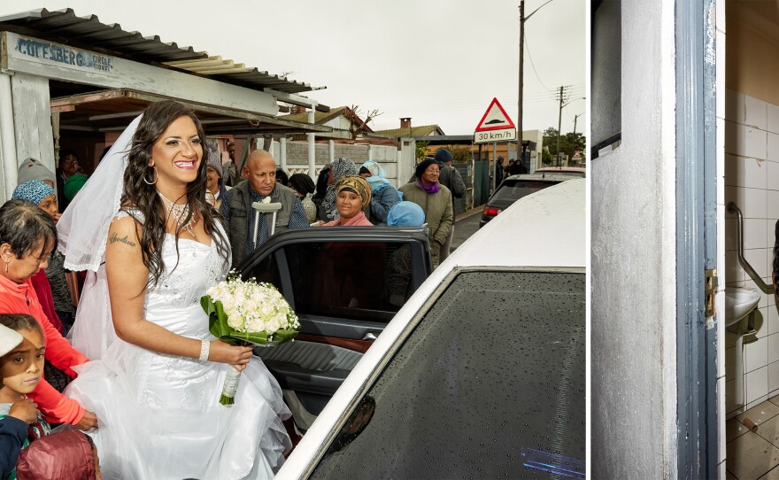 <strong>Left:</strong> Chedino is helped by her aunt, Sharon, as she gets into the limousine that will first take her to Claremont Gardens and then on to the couple's wedding venue at the Muizenberg Civic Center in Cape Town, South Africa in 2018. <strong>Right:</strong> Chedino and Wilma, one of her bridesmaids, use a gas station bathroom on their way to the wedding venue.