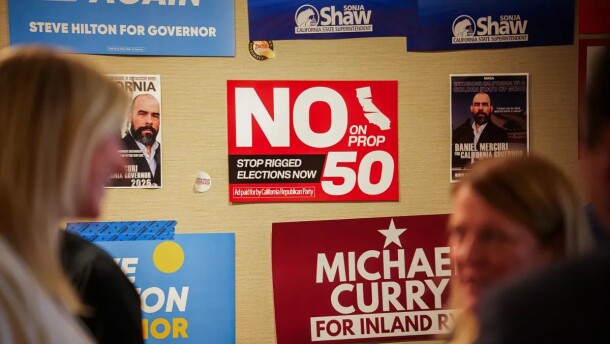 Political signs at the California Republican Party Fall 2025 Convention and Leadership Summit in Garden Grove, on Sept. 6, 2025.
