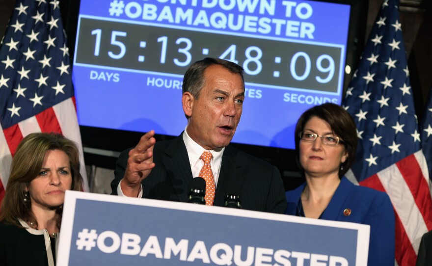 House Speaker John Boehner  held a news conference Feb. 13 in which Republicans promoted the hashtag #Obamaquester to blame President Obama for automatic spending cuts set to kick in March 1.