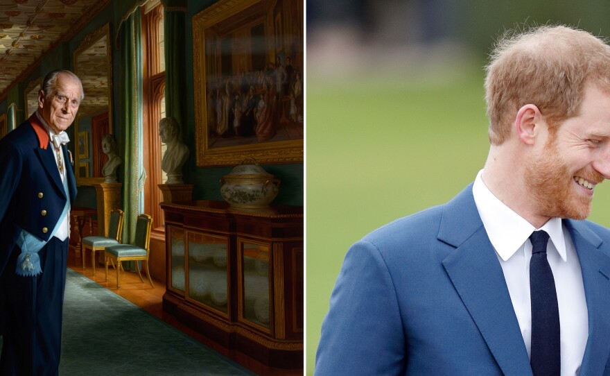 (Left) A portrait of Prince Philip, Duke of Edinburgh, by artist Ralph Heimans, hangs at Windsor Castle. (Right) Prince Harry and Meghan Markle announced their engagement at Kensington Palace on Nov. 27.