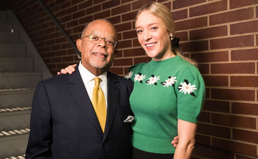 Host Henry Louis Gates, Jr. with actress Chloë Sevigny while taping FINDING YOUR ROOTS.
