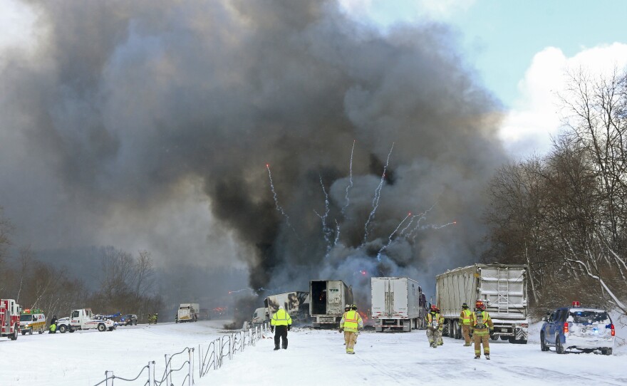 A multi-vehicle crash reportedly killed one person and set off explosions in a truck carrying fireworks on I-94 west of Battle Creek, Mich., Friday.