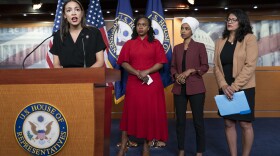 From left, Rep. Alexandria Ocasio-Cortez, D-N.Y., Rep. Ayanna Pressley, D-Mass., Rep. llhan Omar, D-Minn., and Rep. Rashida Tlaib, D-Mich., respond to remarks by President Donald Trump during a news conference at the Capitol in Washington, Monday, July 15, 2019. 