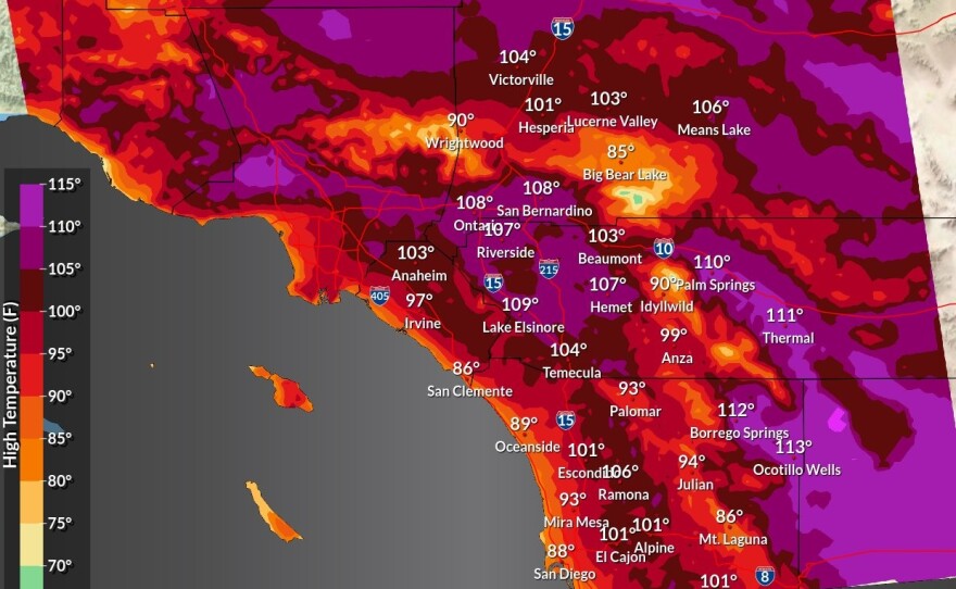 The high temperatures predicted for San Diego on Monday, Sept. 5, 2022.