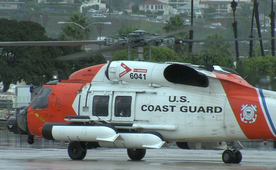 A Coast Guard helicopter lands at the San Diego Coast Guard Air Station, Feb. 23, 2017.