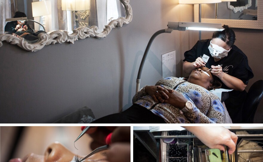 (Top) Paula Guevara works on Marie Waiter's eyelashes at Elle Lash Bar in Washington, D.C. (Left) Eyelash extensions are a new way to extend the length and thickness of natural eyelashes. (Right) A drawer with some of the materials used for lash extensions, which are all done with faux mink lashes.
