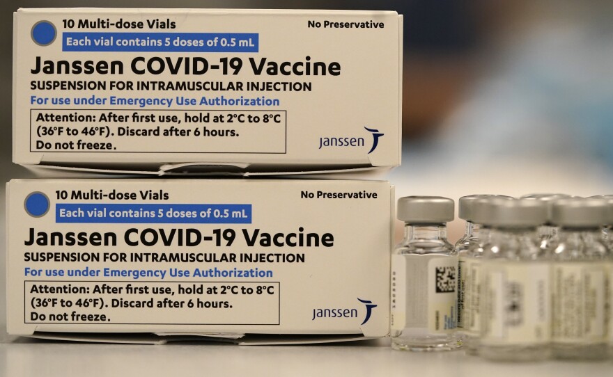 The U.S. Food and Drug Administration and the Centers for Disease Control and Prevention have recommended a pause in the use of the Johnson & Johnson COVID-19 vaccine, shown here in a hospital in Denver.
