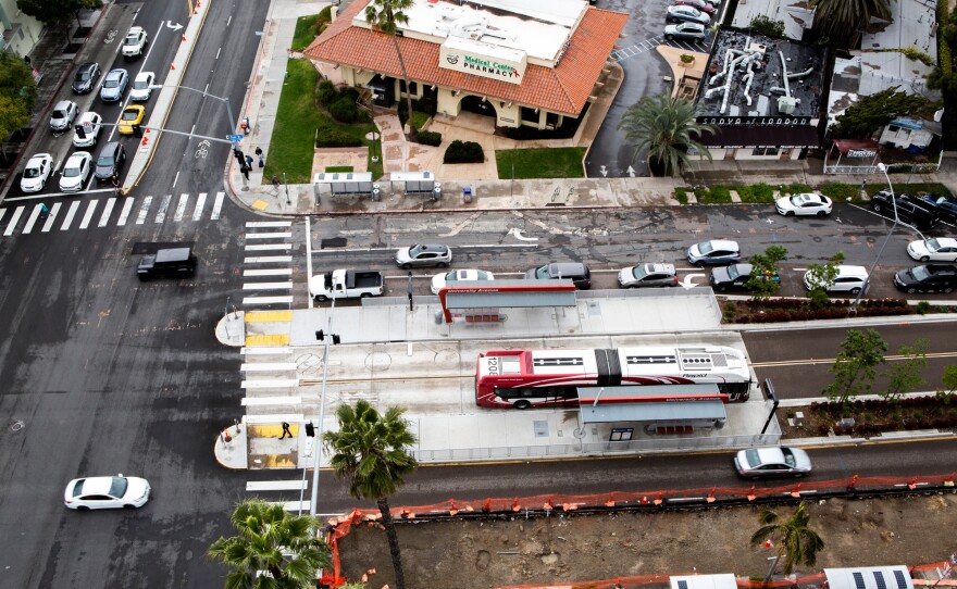 This bus stop at the intersection of University Avenue and Park Boulevard, photographed on March 4, 2019, is the only portion of the Mid-City Rapid 215 route with dedicated lanes. New bus lanes on the route are planned for Park Boulevard.