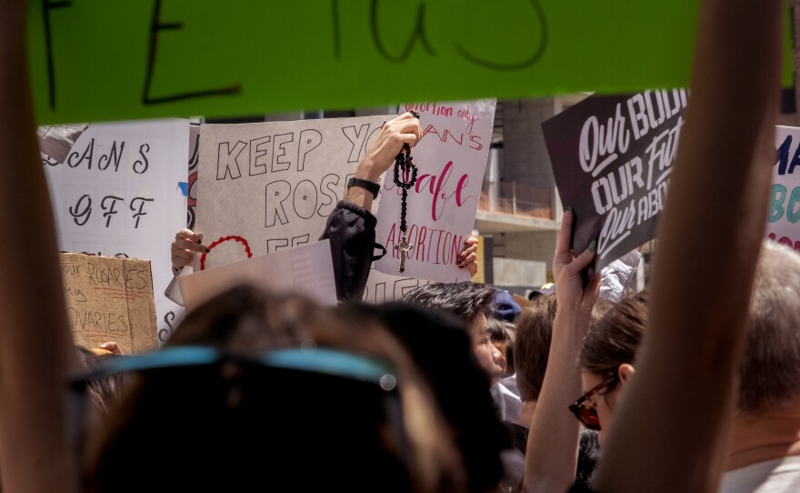 A small group of anti-abortion activists held a tiny counter protest at the "Bans off Our Bodies" rally and protest march in downtown San Diego, May 14, 2022.