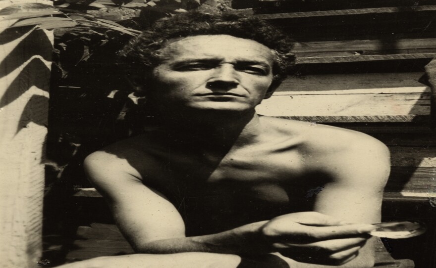 The folk balladeer Woody Guthrie, shown here at his home on Mermaid Avenue in Coney Island in 1950, was also a prolific writer and visual artist.