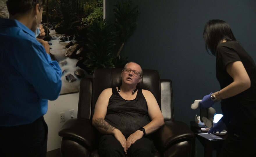 Navy veteran Larry McMinn comes out of a ketamine treatment at the Kadima Neuropsychiatry Institute on May 15, 2020.