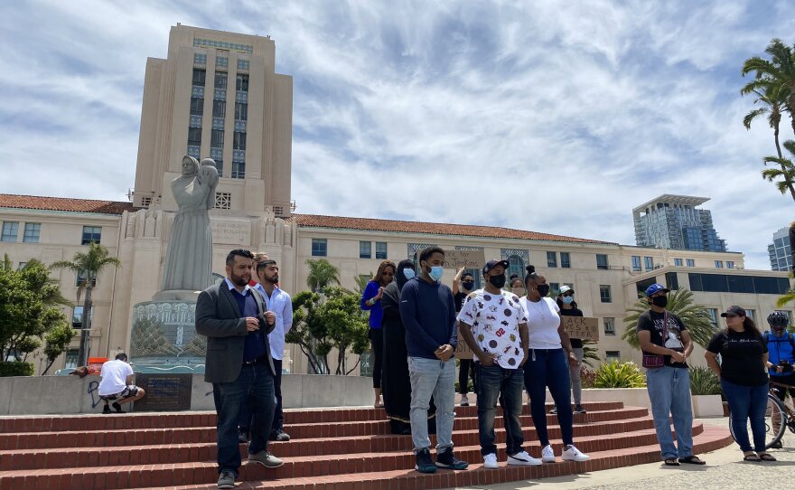 Black leaders speak about ongoing protests over the death of George Floyd in Minneapolis and police brutality at the San Diego County Administration building, June 1, 2020.