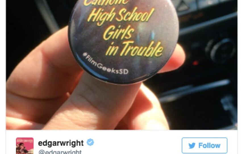 Edgar Wright's Instagram photo of the button I gave him at the TCM Classic Film Festival.