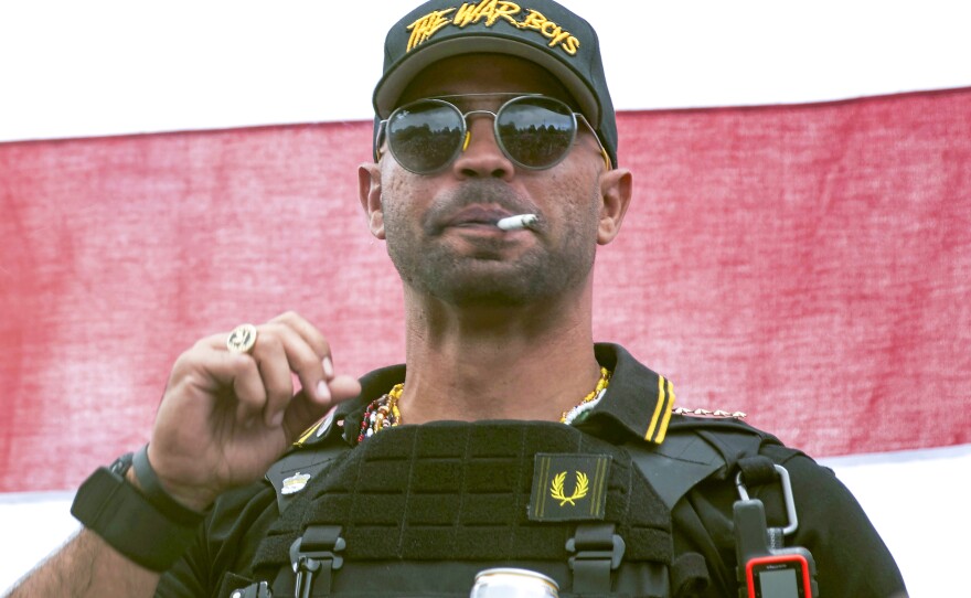 This week, a grand jury indicted Enrique Tarrio, the leader of the far-right Proud Boys group, for seditious conspiracy. Here, Tarrio attends a rally in Portland, Ore., on Sept. 26, 2020.