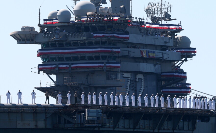 The USS Abraham Lincoln aircraft carrier returns to the San Diego Bay after deployment Thursday, Oct. 8, 2026, in San Diego.